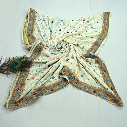 Indian Vintage Heavy Sari Off-White Pure Crepe Silk Hand Embroidered Parsi Sarees Craft Fabric 5Yd Sewing Dress making Blouse Fabric