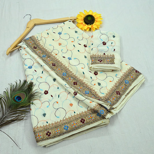 Indian Vintage Heavy Sari Off-White Pure Crepe Silk Hand Embroidered Parsi Sarees Craft Fabric 5Yd Sewing Dress making Blouse Fabric