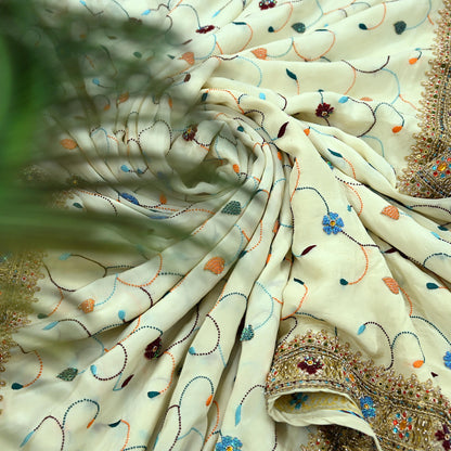 Indian Vintage Heavy Sari Off-White Pure Crepe Silk Hand Embroidered Parsi Sarees Craft Fabric 5Yd Sewing Dress making Blouse Fabric
