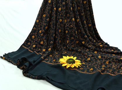 Indian Antique Vintage Heavy Sari Black Pure Crepe Silk Hand Embroidered Kashmiri Suzani Work Sarees 5Yd Sewing Ethnic Dress making Crafting
