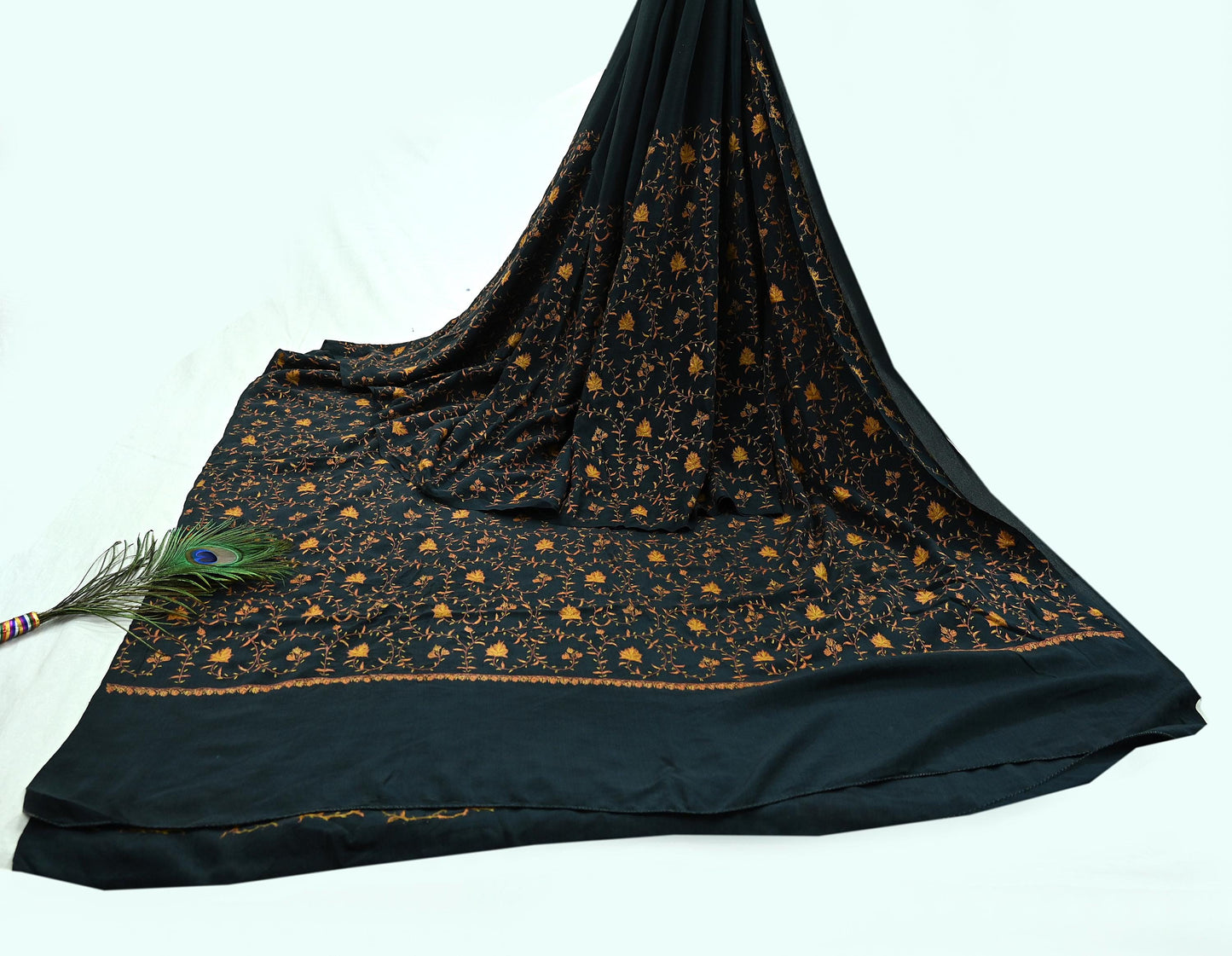 Indian Antique Vintage Heavy Sari Black Pure Crepe Silk Hand Embroidered Kashmiri Suzani Work Sarees 5Yd Sewing Ethnic Dress making Crafting