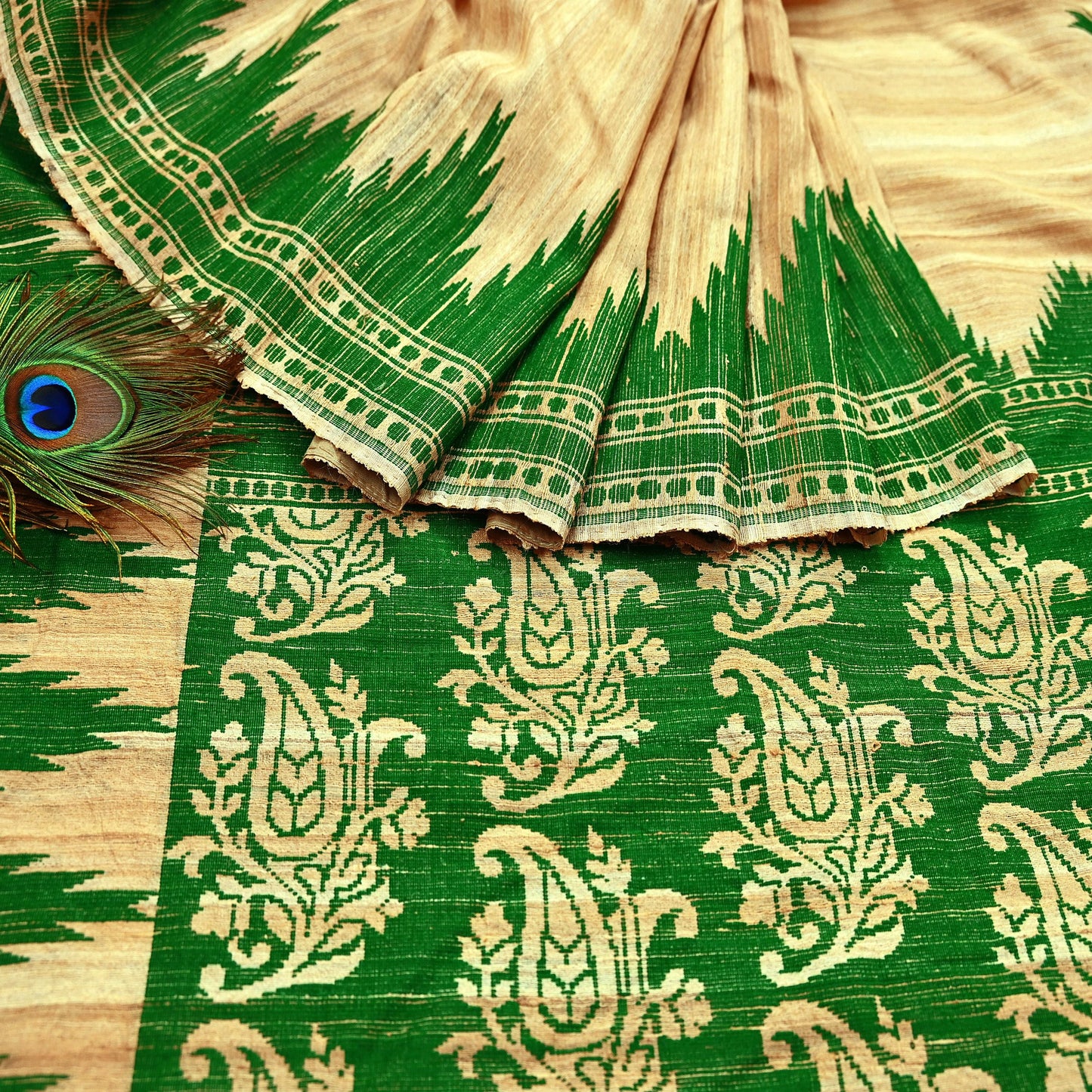 Indian Vintage Beige Saree Pure Khadi Silk Handloom Embroidered  Sari Craft Fabric 5yd Ethnic Wear Border Dress making Upcycle Fringes