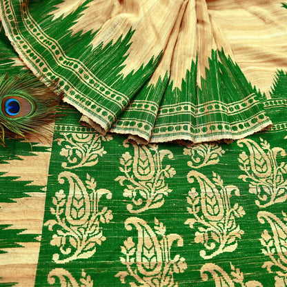 Indian Vintage Beige Saree Pure Khadi Silk Handloom Embroidered  Sari Craft Fabric 5yd Ethnic Wear Border Dress making Upcycle Fringes