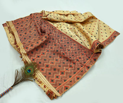 Indian Vintage Beige Saree Pure Khadi Silk Hand Embroidered Sari Handloom Craft Fabric 5yd Ethnic Wear Border Dress making Upcycle Fringes