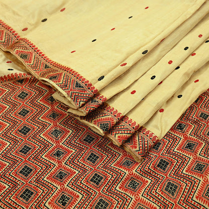 Indian Vintage Beige Saree Pure Khadi Silk Hand Embroidered Sari Handloom Craft Fabric 5yd Ethnic Wear Border Dress making Upcycle Fringes