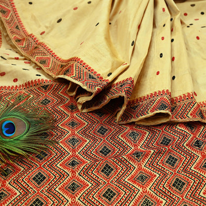 Indian Vintage Beige Saree Pure Khadi Silk Hand Embroidered Sari Handloom Craft Fabric 5yd Ethnic Wear Border Dress making Upcycle Fringes
