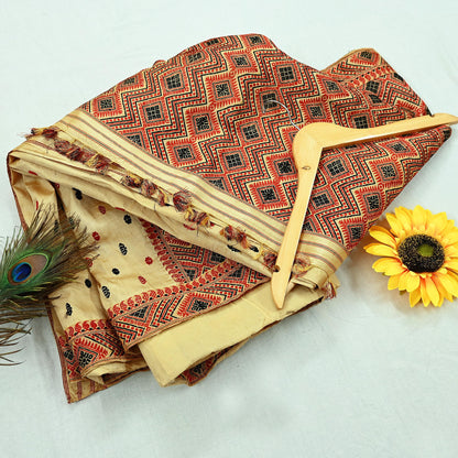 Indian Vintage Beige Saree Pure Khadi Silk Hand Embroidered Sari Handloom Craft Fabric 5yd Ethnic Wear Border Dress making Upcycle Fringes
