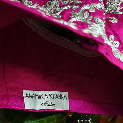 Indian Pre-owned Magenta Pure Chanderi Silk Hand Embroidered By Designer Anamika Khanna Blouse/Top/Crop M Size Party wear Bollywood