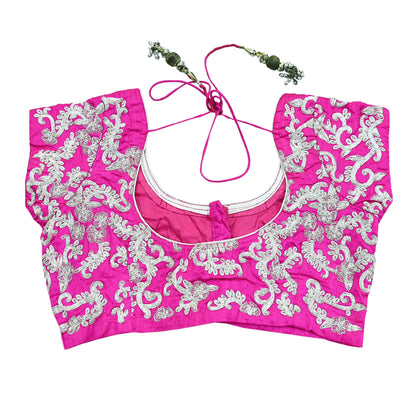 Indian Pre-owned Magenta Pure Chanderi Silk Hand Embroidered By Designer Anamika Khanna Blouse/Top/Crop M Size Party wear Bollywood