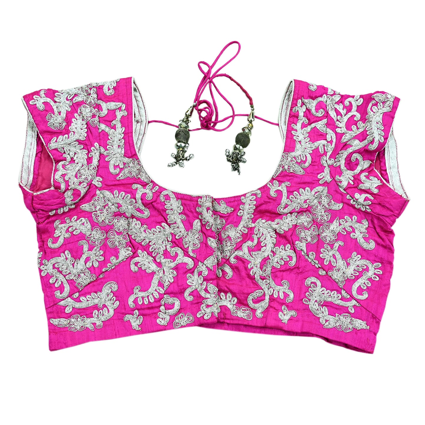 Indian Pre-owned Magenta Pure Chanderi Silk Hand Embroidered By Designer Anamika Khanna Blouse/Top/Crop M Size Party wear Bollywood