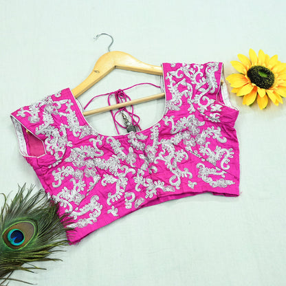 Indian Pre-owned Magenta Pure Chanderi Silk Hand Embroidered By Designer Anamika Khanna Blouse/Top/Crop M Size Party wear Bollywood