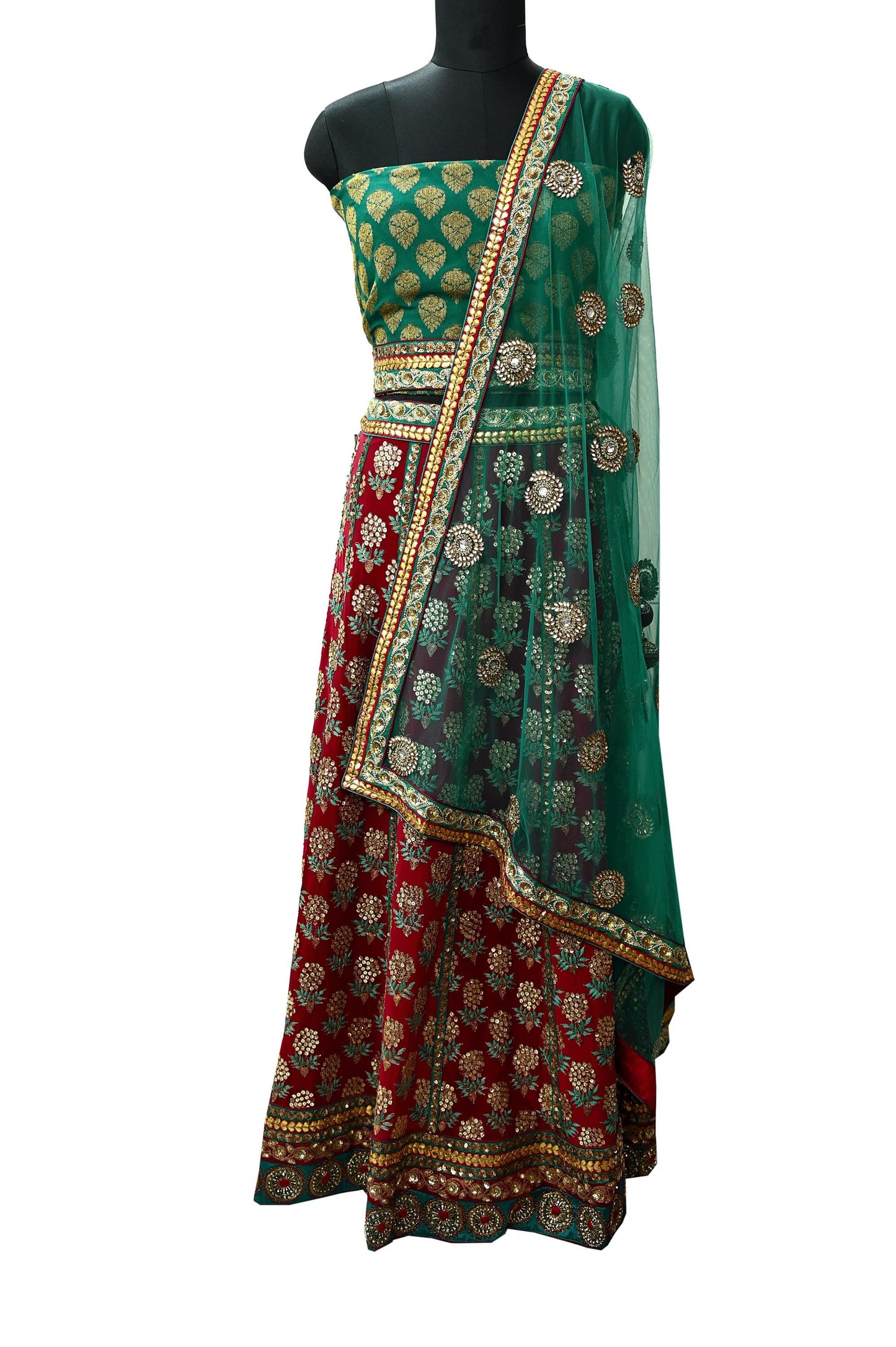 Indian Heavy Wedding Green & Maroon Pure Georgette Silk Hand Embroidered Fish Cut Lehenga 3pcs Set Designer By Anamika Khanna Party Wear
