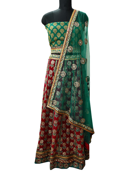 Indian Heavy Wedding Green & Maroon Pure Georgette Silk Hand Embroidered Fish Cut Lehenga 3pcs Set Designer By Anamika Khanna Party Wear