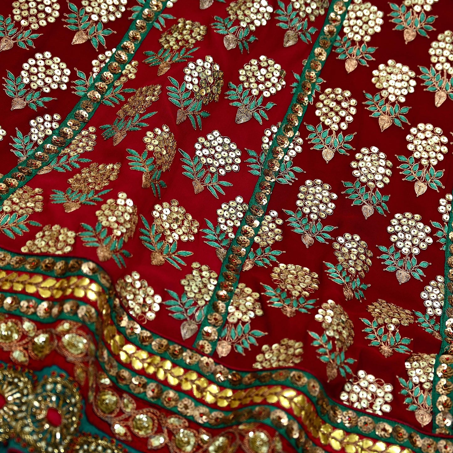 Indian Heavy Wedding Green & Maroon Pure Georgette Silk Hand Embroidered Fish Cut Lehenga 3pcs Set Designer By Anamika Khanna Party Wear