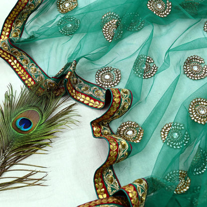 Indian Vintage Heavy Wedding Green Net/Mesh Hand Embroidered Dupatta Designer By Anamika Khanna Bridal Wear Zardozi Veil Hijab