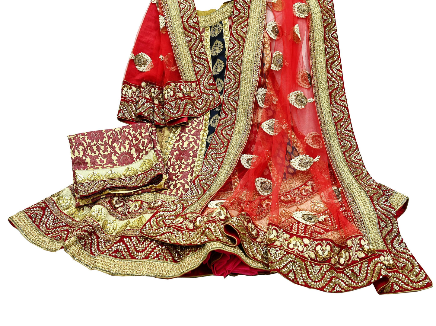 Indian New Heavy Multi Colored Pure Silk/Net Hand Embroidered Lehenga 3pcs Set By Designer Sabyasachi Bridal Wear With Blouse Fabric