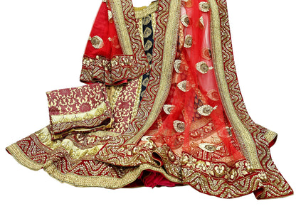 Indian New Heavy Multi Colored Pure Silk/Net Hand Embroidered Lehenga 3pcs Set By Designer Sabyasachi Bridal Wear With Blouse Fabric