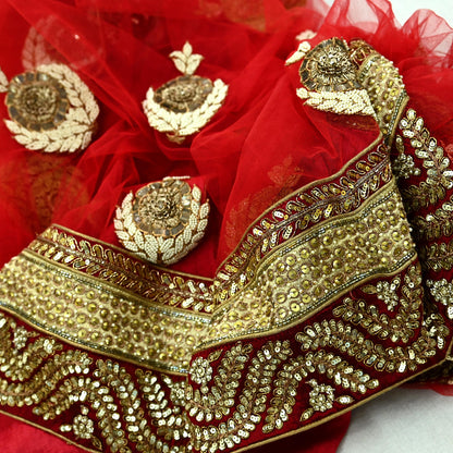 Indian Vintage Heavy Wedding Dupatta Red Net Long Stole Hand Embroidered By Designer Sabyasachi Scarves Zardozi Bridal Veil