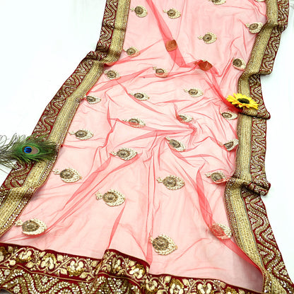 Indian Vintage Heavy Wedding Dupatta Red Net Long Stole Hand Embroidered By Designer Sabyasachi Scarves Zardozi Bridal Veil