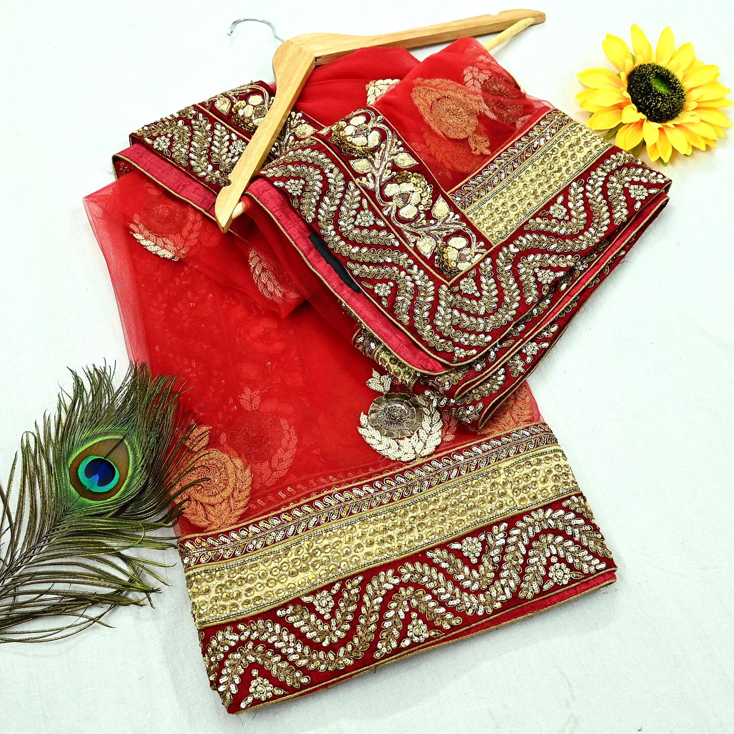 Indian Vintage Heavy Wedding Dupatta Red Net Long Stole Hand Embroidered By Designer Sabyasachi Scarves Zardozi Bridal Veil