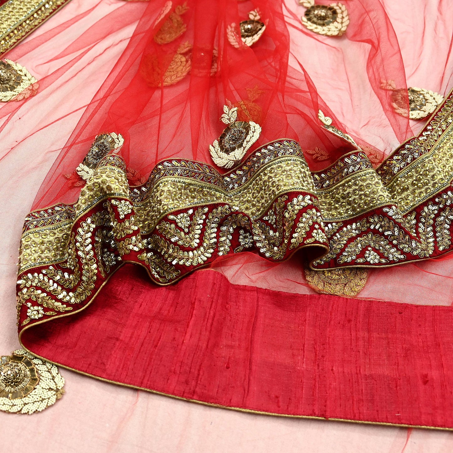 Indian Vintage Heavy Wedding Dupatta Red Net Long Stole Hand Embroidered By Designer Sabyasachi Scarves Zardozi Bridal Veil