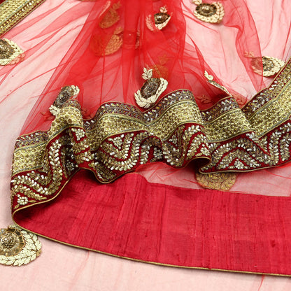 Indian Vintage Heavy Wedding Dupatta Red Net Long Stole Hand Embroidered By Designer Sabyasachi Scarves Zardozi Bridal Veil