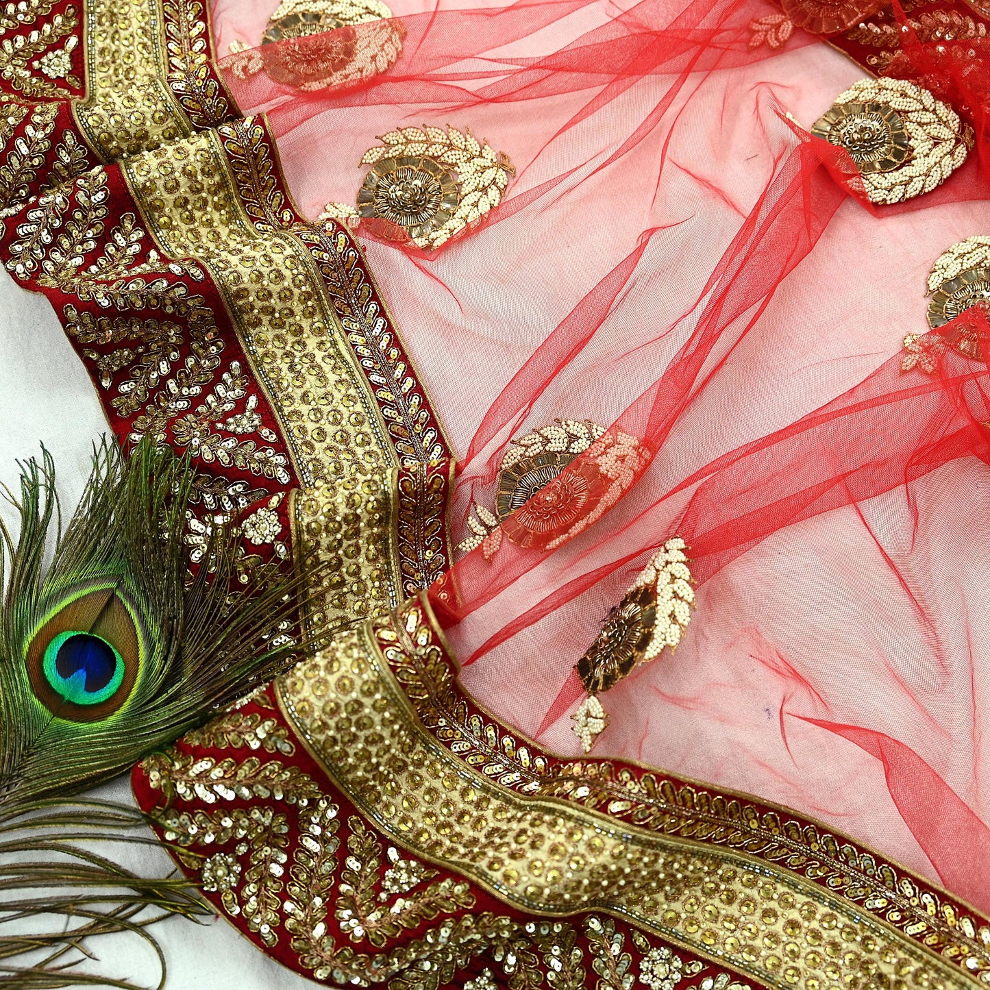 Indian Vintage Heavy Wedding Dupatta Red Net Long Stole Hand Embroidered By Designer Sabyasachi Scarves Zardozi Bridal Veil