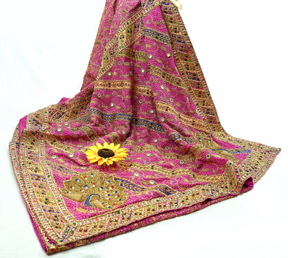 Indian Antique Vintage Heavy Pink Saree Pure Crepe Silk Hand Embroidered Sari Craft Fabric 5Yd Sewing Soft Zardozi/Dabka Sequins