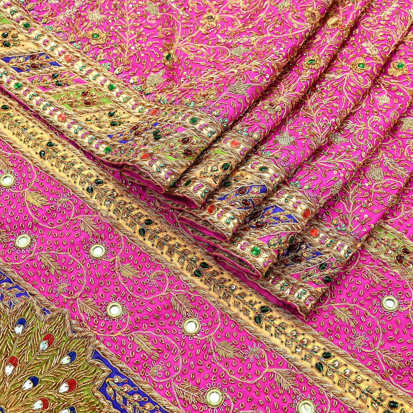 Indian Antique Vintage Heavy Pink Saree Pure Crepe Silk Hand Embroidered Sari Craft Fabric 5Yd Sewing Soft Zardozi/Dabka Sequins