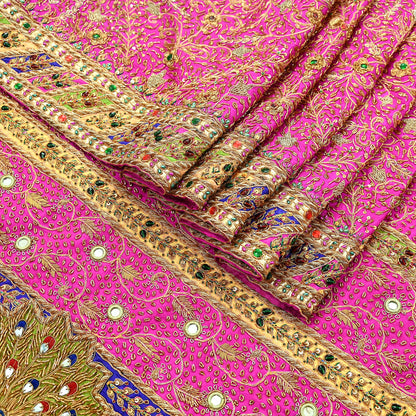 Indian Antique Vintage Heavy Pink Saree Pure Crepe Silk Hand Embroidered Sari Craft Fabric 5Yd Sewing Soft Zardozi/Dabka Sequins