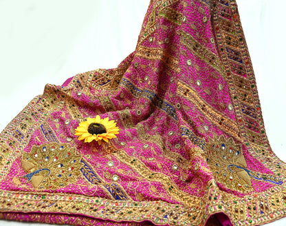 Indian Antique Vintage Heavy Pink Saree Pure Crepe Silk Hand Embroidered Sari Craft Fabric 5Yd Sewing Soft Zardozi/Dabka Sequins