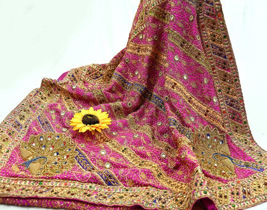 Indian Antique Vintage Heavy Pink Saree Pure Crepe Silk Hand Embroidered Sari Craft Fabric 5Yd Sewing Soft Zardozi/Dabka Sequins