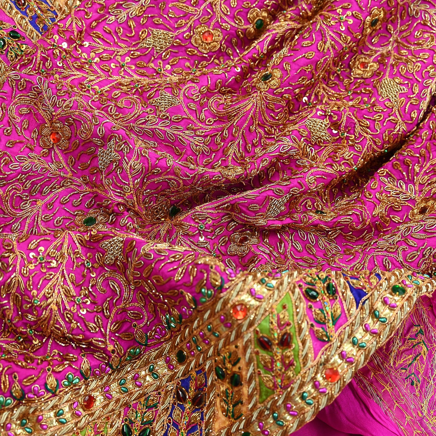 Indian Antique Vintage Heavy Pink Saree Pure Crepe Silk Hand Embroidered Sari Craft Fabric 5Yd Sewing Soft Zardozi/Dabka Sequins