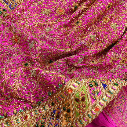 Indian Antique Vintage Heavy Pink Saree Pure Crepe Silk Hand Embroidered Sari Craft Fabric 5Yd Sewing Soft Zardozi/Dabka Sequins