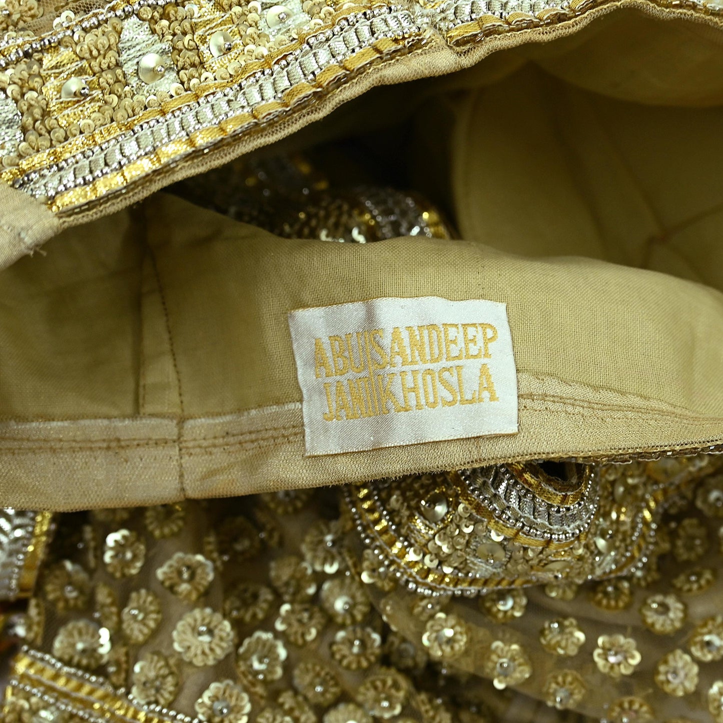 Indian Pre-owned Beige Net Hand Embroidered By Designer Abu Jani Padded Blouse/Top/Crop M Size Party wear Bollywood