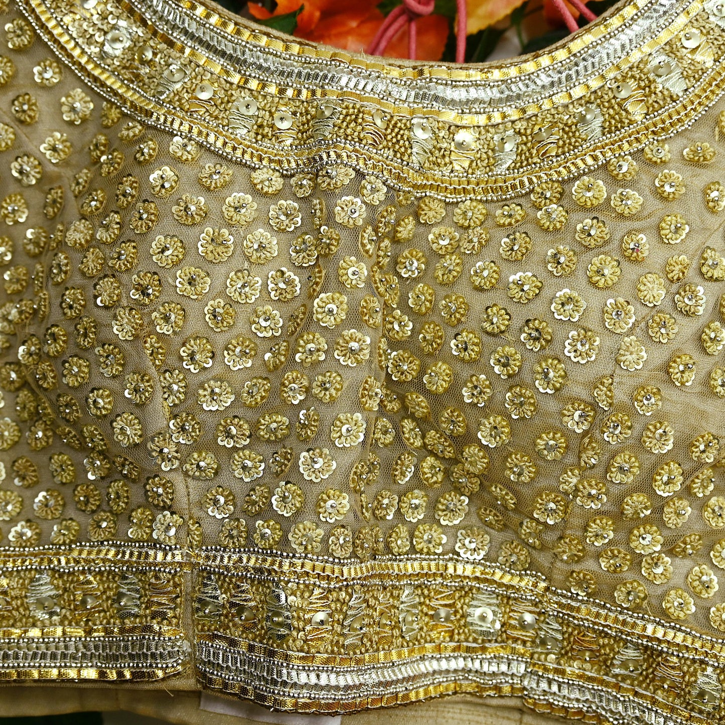 Indian Pre-owned Beige Net Hand Embroidered By Designer Abu Jani Padded Blouse/Top/Crop M Size Party wear Bollywood