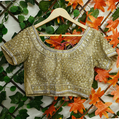 Indian Pre-owned Beige Net Hand Embroidered By Designer Abu Jani Padded Blouse/Top/Crop M Size Party wear Bollywood