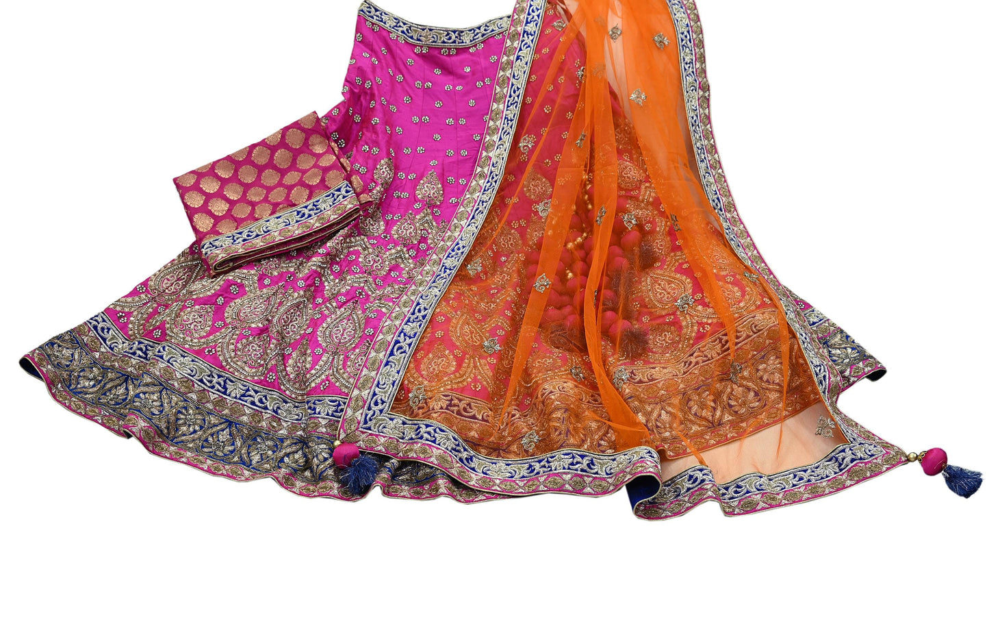 Indian New Heavy Magenta & Orange Pure Chanderi Silk/Net Hand Embroidered Lehenga 3pcs Set By Designer Sabyasachi Bridal Wear Blouse