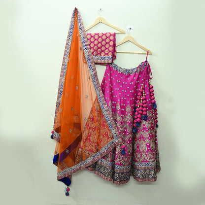 Indian New Heavy Magenta & Orange Pure Chanderi Silk/Net Hand Embroidered Lehenga 3pcs Set By Designer Sabyasachi Bridal Wear Blouse