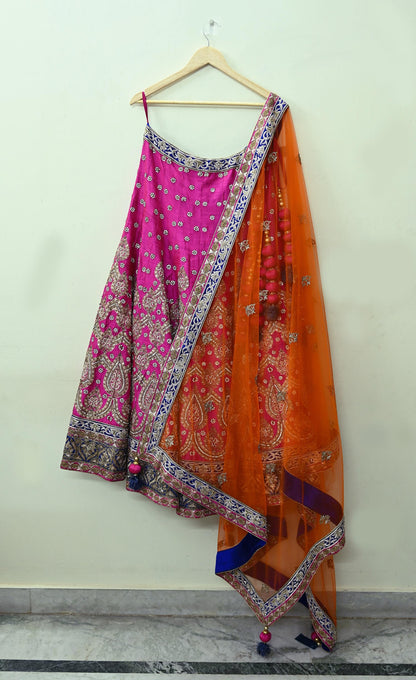 Indian New Heavy Magenta & Orange Pure Chanderi Silk/Net Hand Embroidered Lehenga 3pcs Set By Designer Sabyasachi Bridal Wear Blouse