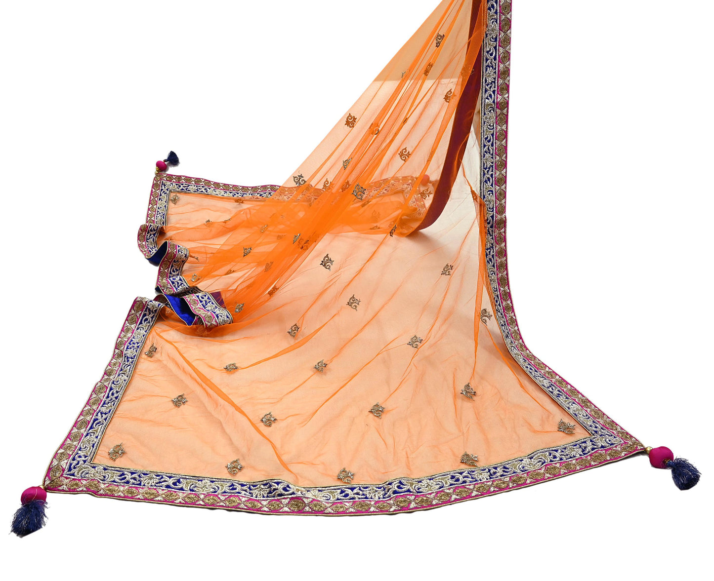 Indian Pre-owned Heavy Wedding Dupatta Orange Net Long Stole Hand Embroidered By Designer Sabyasachi Scarves Zardozi Bridal Veil