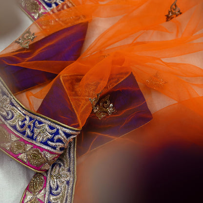 Indian Pre-owned Heavy Wedding Dupatta Orange Net Long Stole Hand Embroidered By Designer Sabyasachi Scarves Zardozi Bridal Veil
