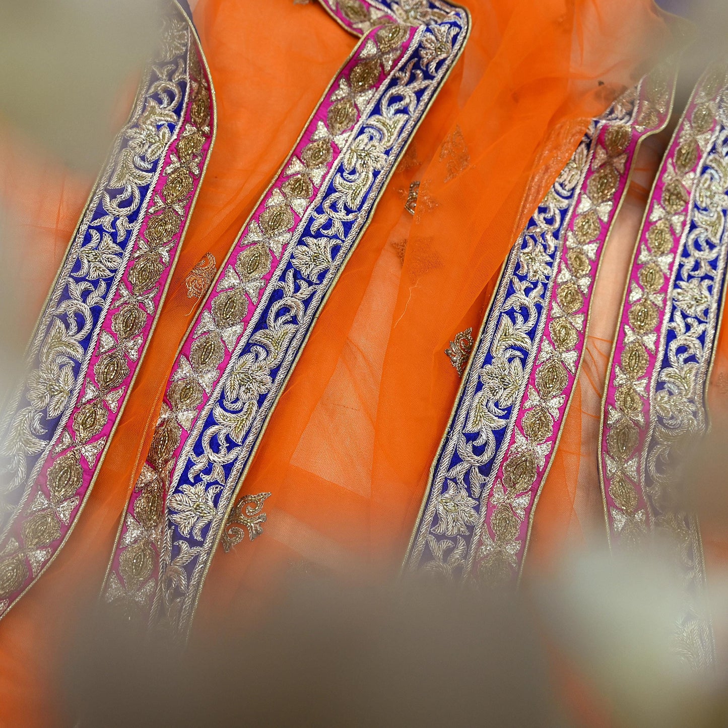 Indian Pre-owned Heavy Wedding Dupatta Orange Net Long Stole Hand Embroidered By Designer Sabyasachi Scarves Zardozi Bridal Veil