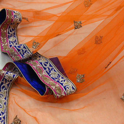Indian Pre-owned Heavy Wedding Dupatta Orange Net Long Stole Hand Embroidered By Designer Sabyasachi Scarves Zardozi Bridal Veil