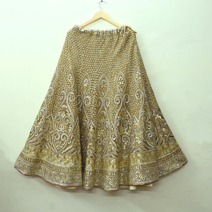 Indian Pre-owned Golden Heavy Wedding Net Hand Embroidered Lehenga/Skirt Designer By Abu Jani Bridal Wear Gota Patti