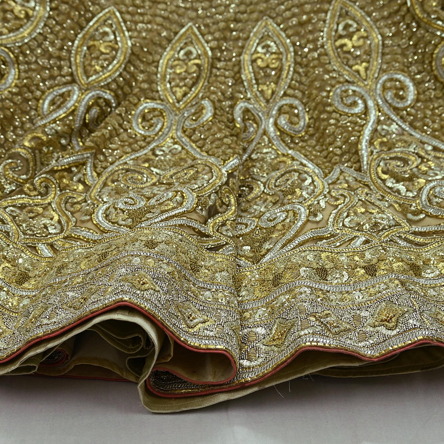 Indian Pre-owned Golden Heavy Wedding Net Hand Embroidered Lehenga/Skirt Designer By Abu Jani Bridal Wear Gota Patti