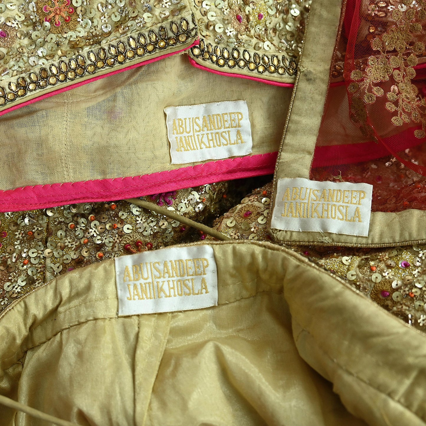 Indian Pre-owned Heavy Golden & Red Pure Chanderi Silk/Net Hand Embroidered Lehenga 3pcs Set By Designer Abu Jani Bridal Wear Padded Blouse