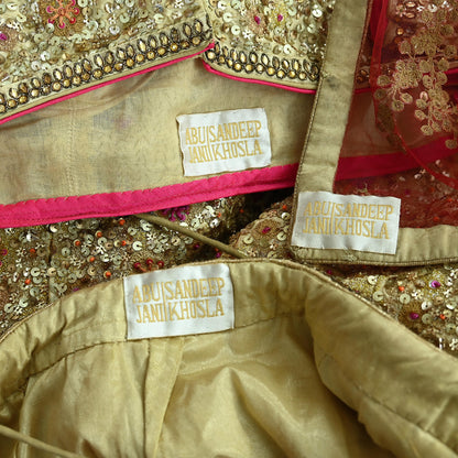 Indian Pre-owned Heavy Golden & Red Pure Chanderi Silk/Net Hand Embroidered Lehenga 3pcs Set By Designer Abu Jani Bridal Wear Padded Blouse
