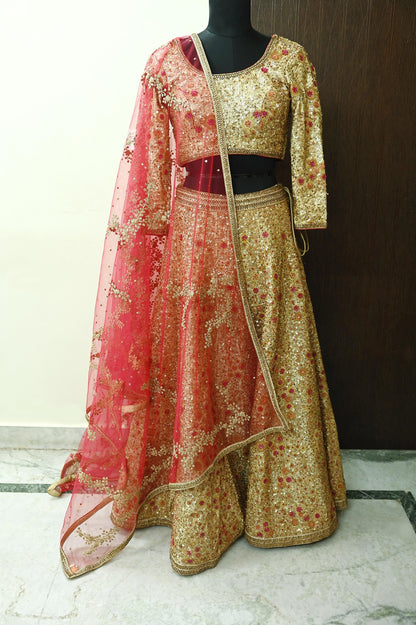 Indian Pre-owned Heavy Golden & Red Pure Chanderi Silk/Net Hand Embroidered Lehenga 3pcs Set By Designer Abu Jani Bridal Wear Padded Blouse