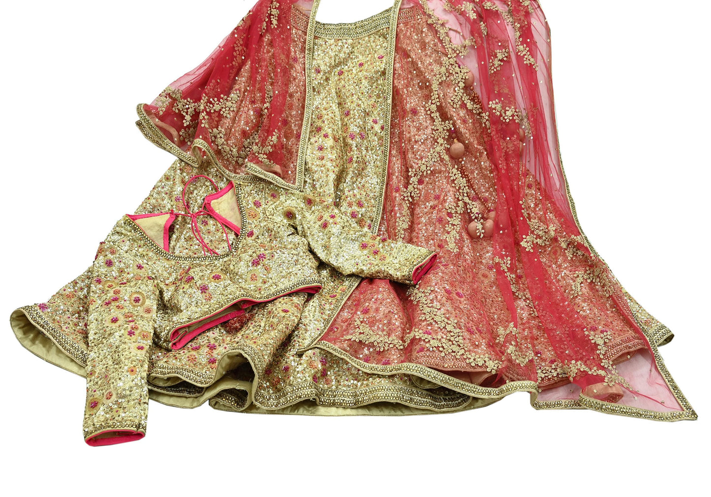 Indian Pre-owned Heavy Golden & Red Pure Chanderi Silk/Net Hand Embroidered Lehenga 3pcs Set By Designer Abu Jani Bridal Wear Padded Blouse